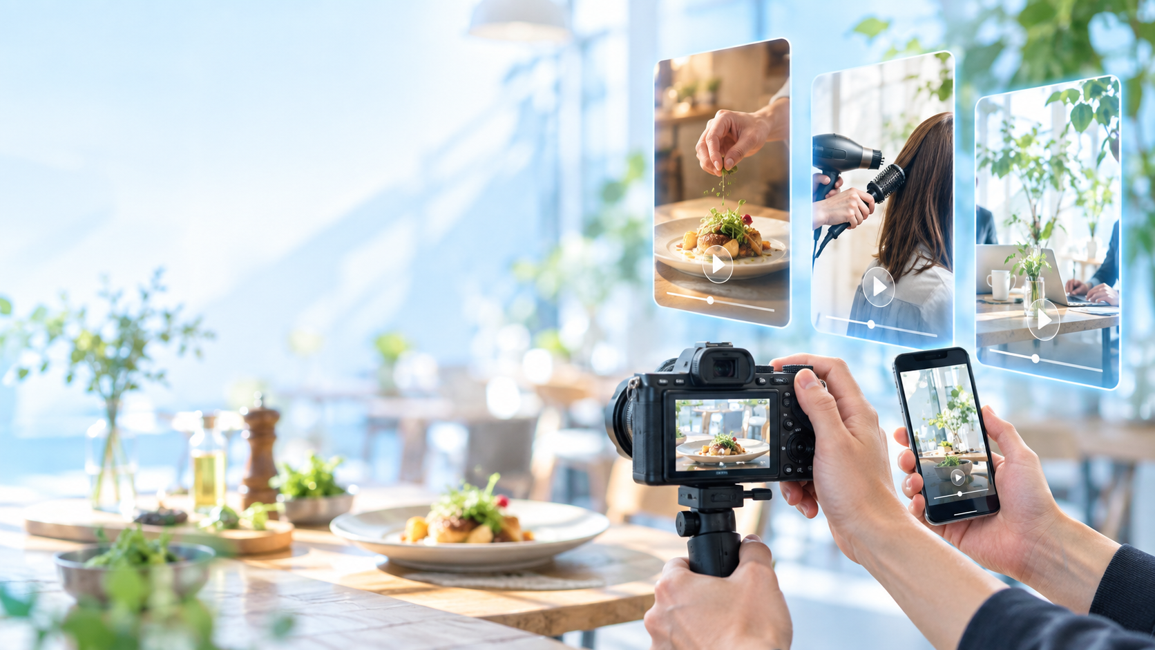 カメラとスマートフォンでSNS用ショート動画を撮影する手元のイメージ