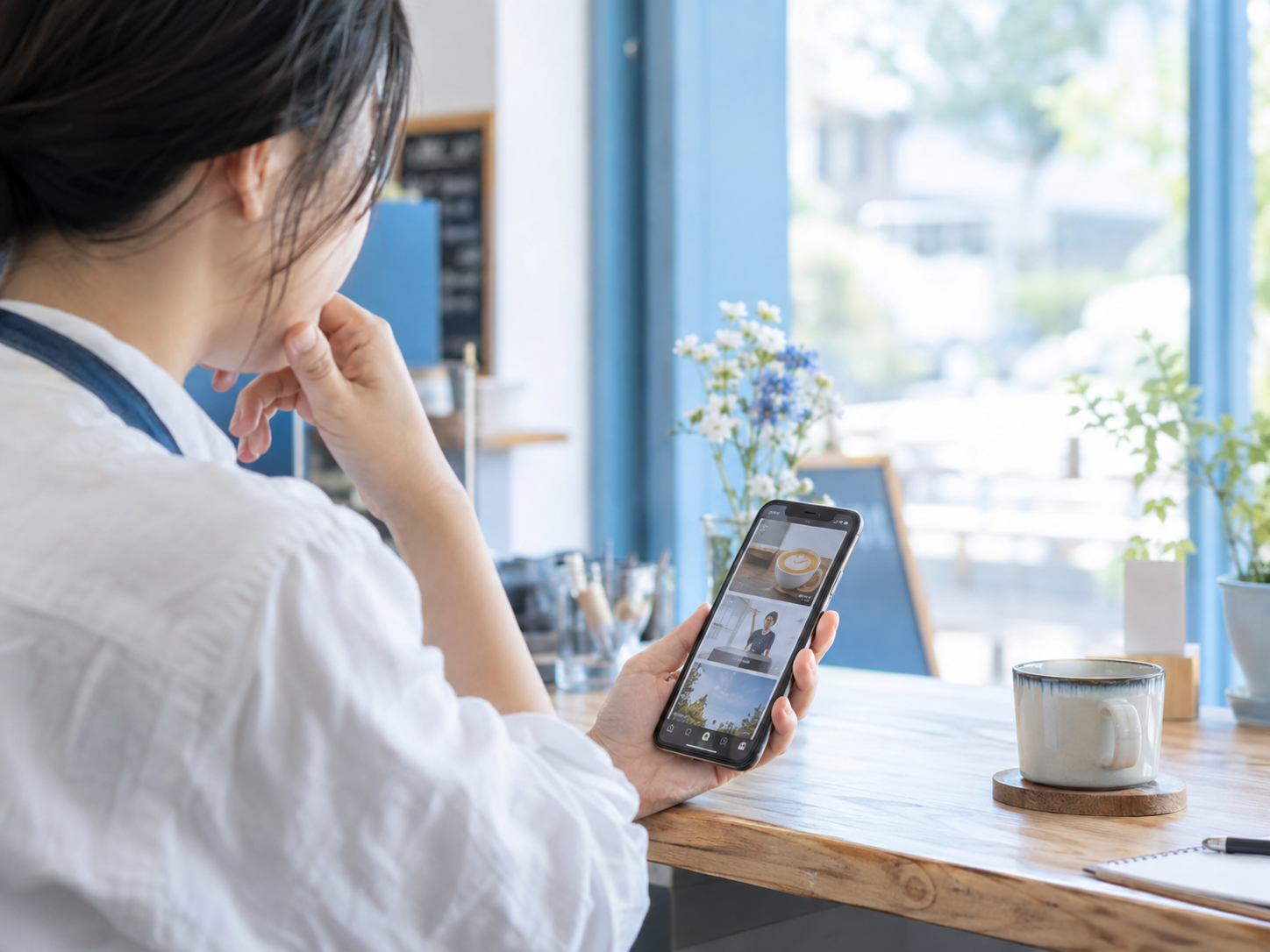 スマートフォンを見ながらSNS発信について考える店舗オーナーのイメージ